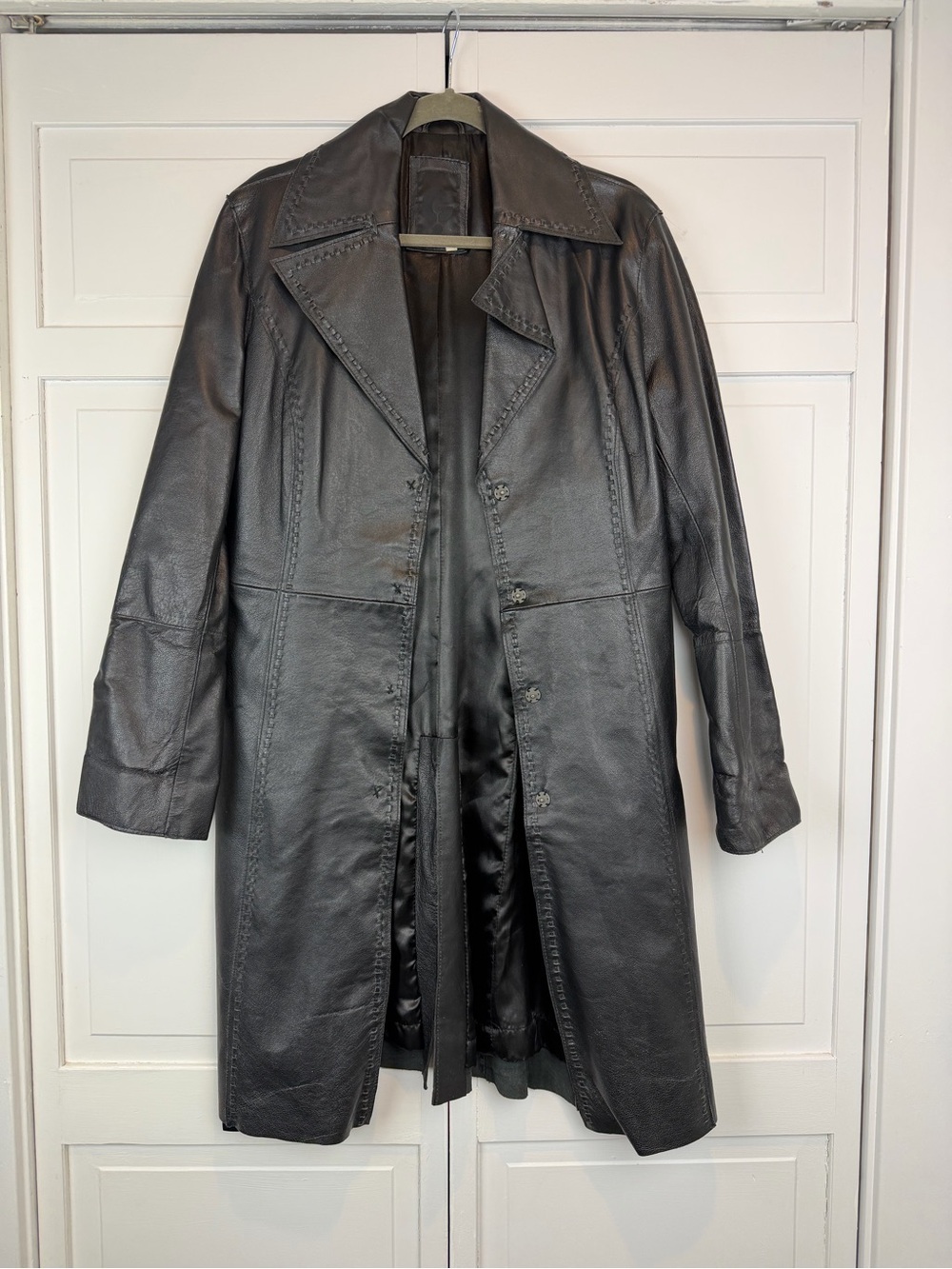 Y2K Guess Black Leather Long Coat with Notch Lapel, Whipstich